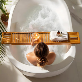 VaeFae teak bathtub tray close-up reveals natural grain and water-resistant finish.