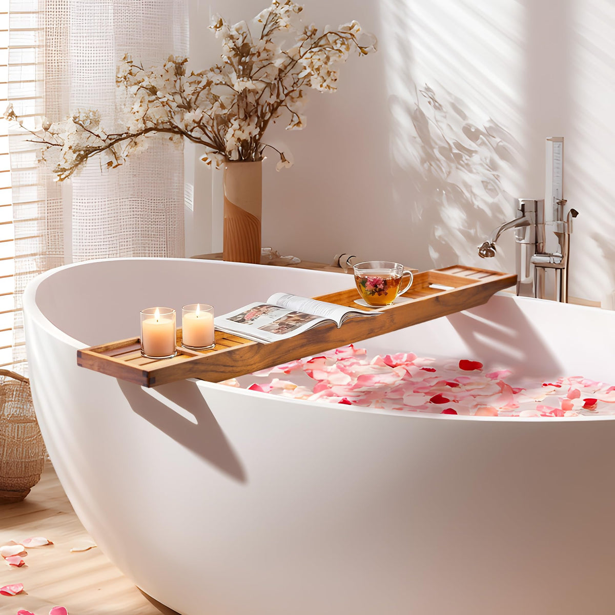 VaeFae teak bathtub tray in use with book, candle, and beverage.