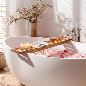 VaeFae teak bathtub tray in use with book, candle, and beverage.