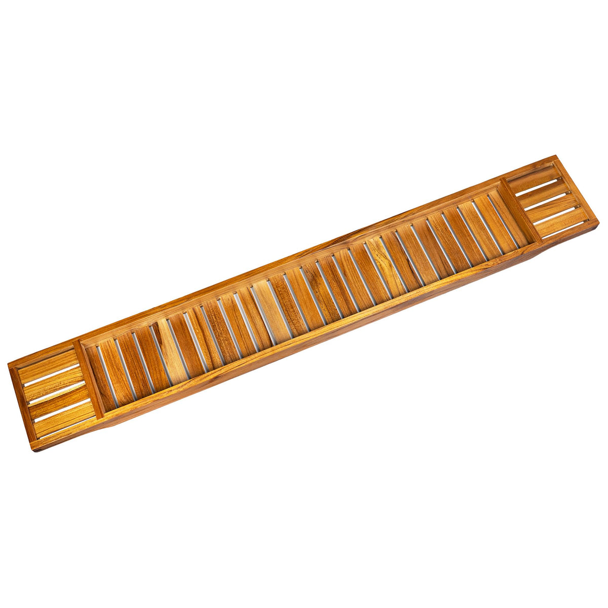 VaeFae teak bathtub tray with rim fit demonstration for tubs under 39 inches.