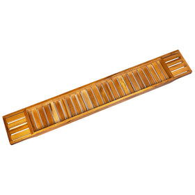 VaeFae teak bathtub tray with rim fit demonstration for tubs under 39 inches.