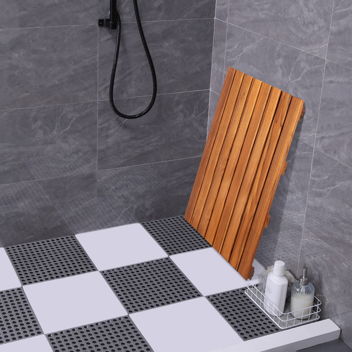 VaeFae teak shower mat smooth surface feels natural underfoot.