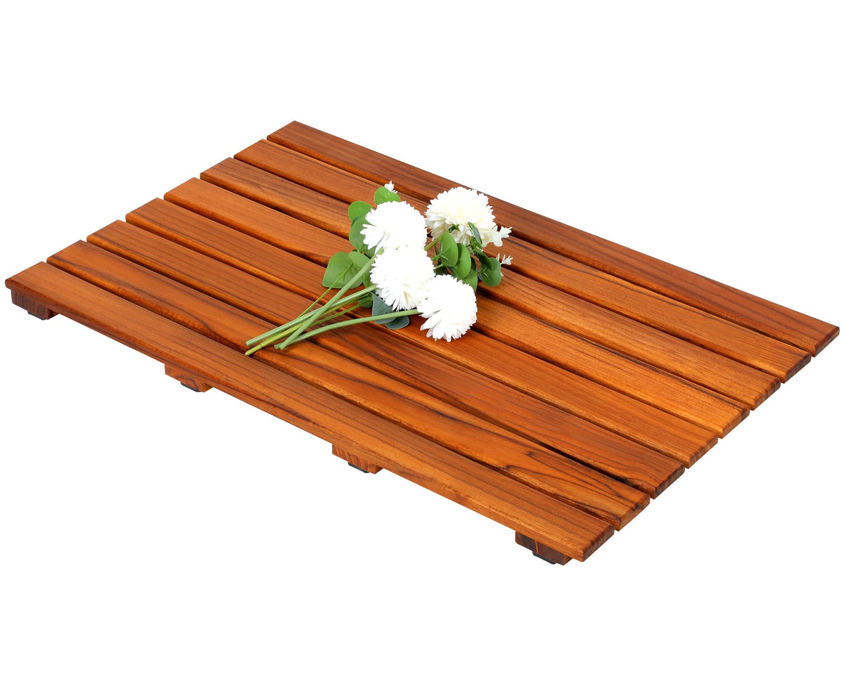 VaeFae teak shower mat top view showing spa-style lines and stable footing.