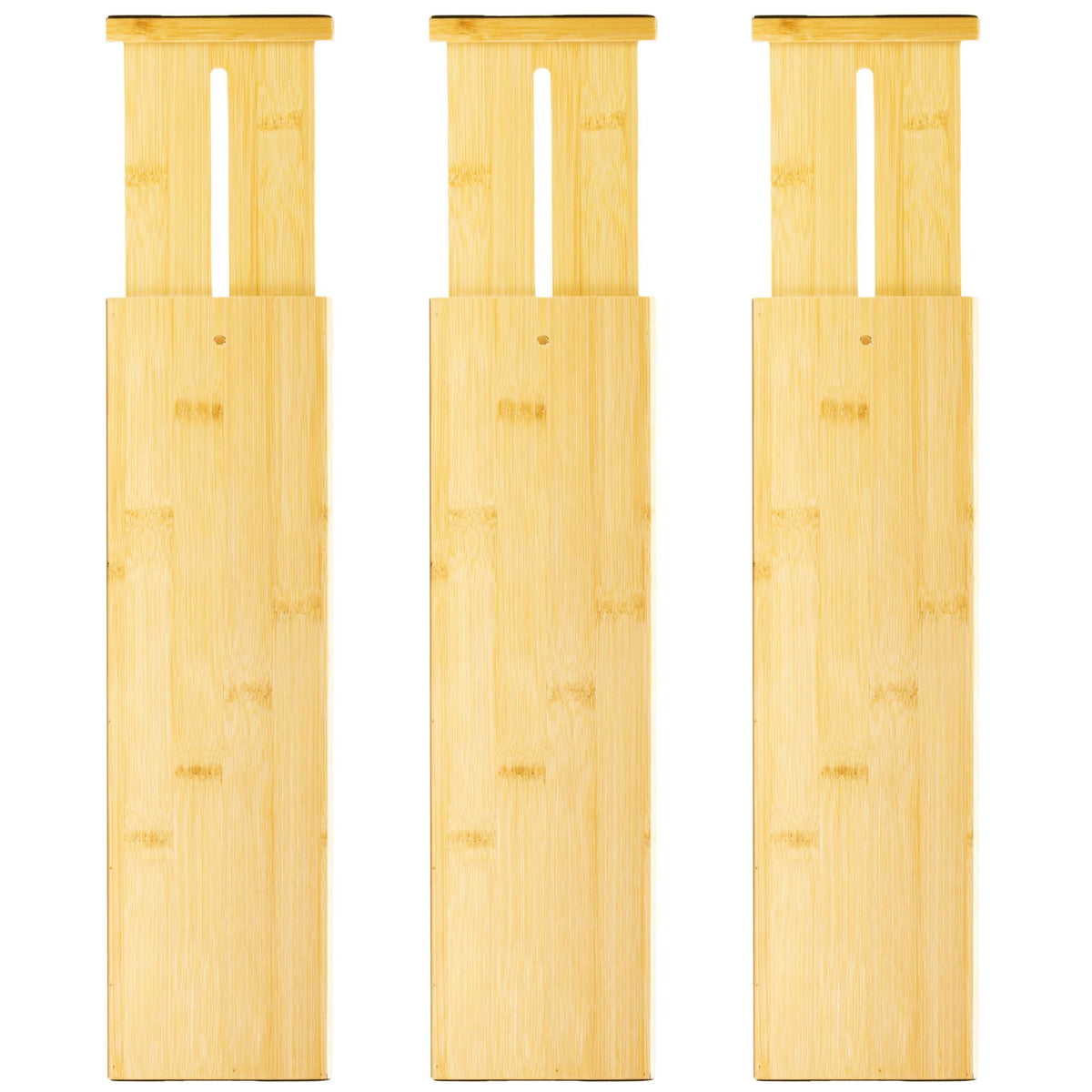 VaeFae bamboo drawer dividers extended in a drawer for adjustable organization