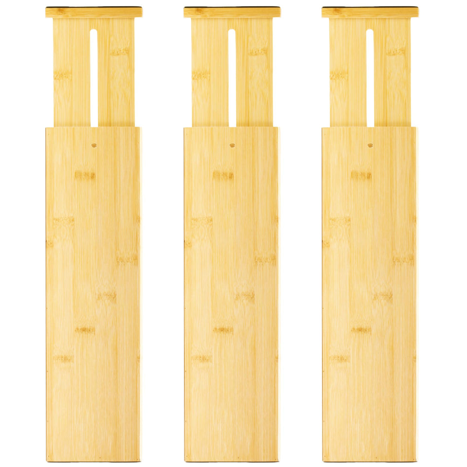 VaeFae bamboo drawer dividers extended in a drawer for adjustable organization