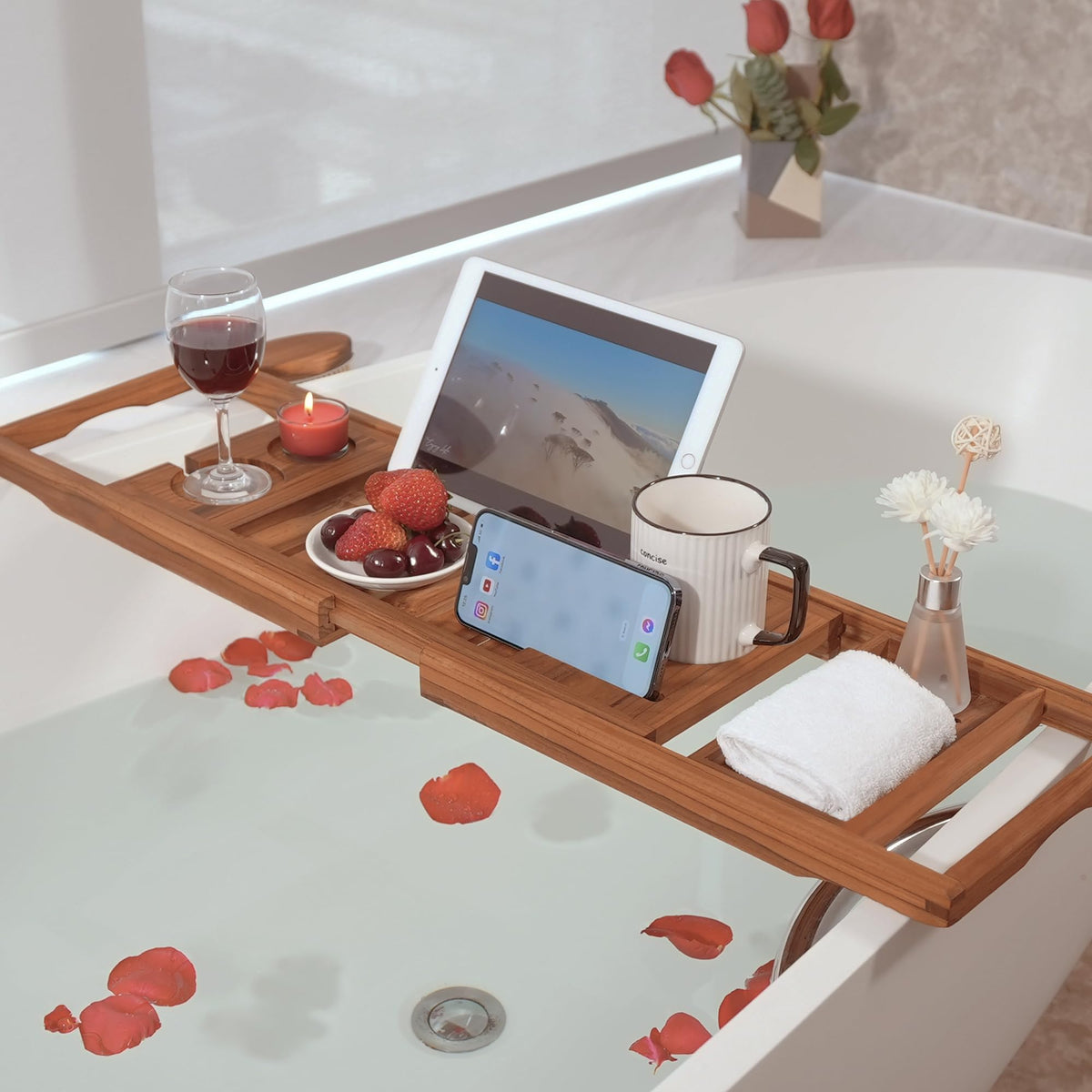 VaeFae teak bath tray candle compartment adds ambient mood