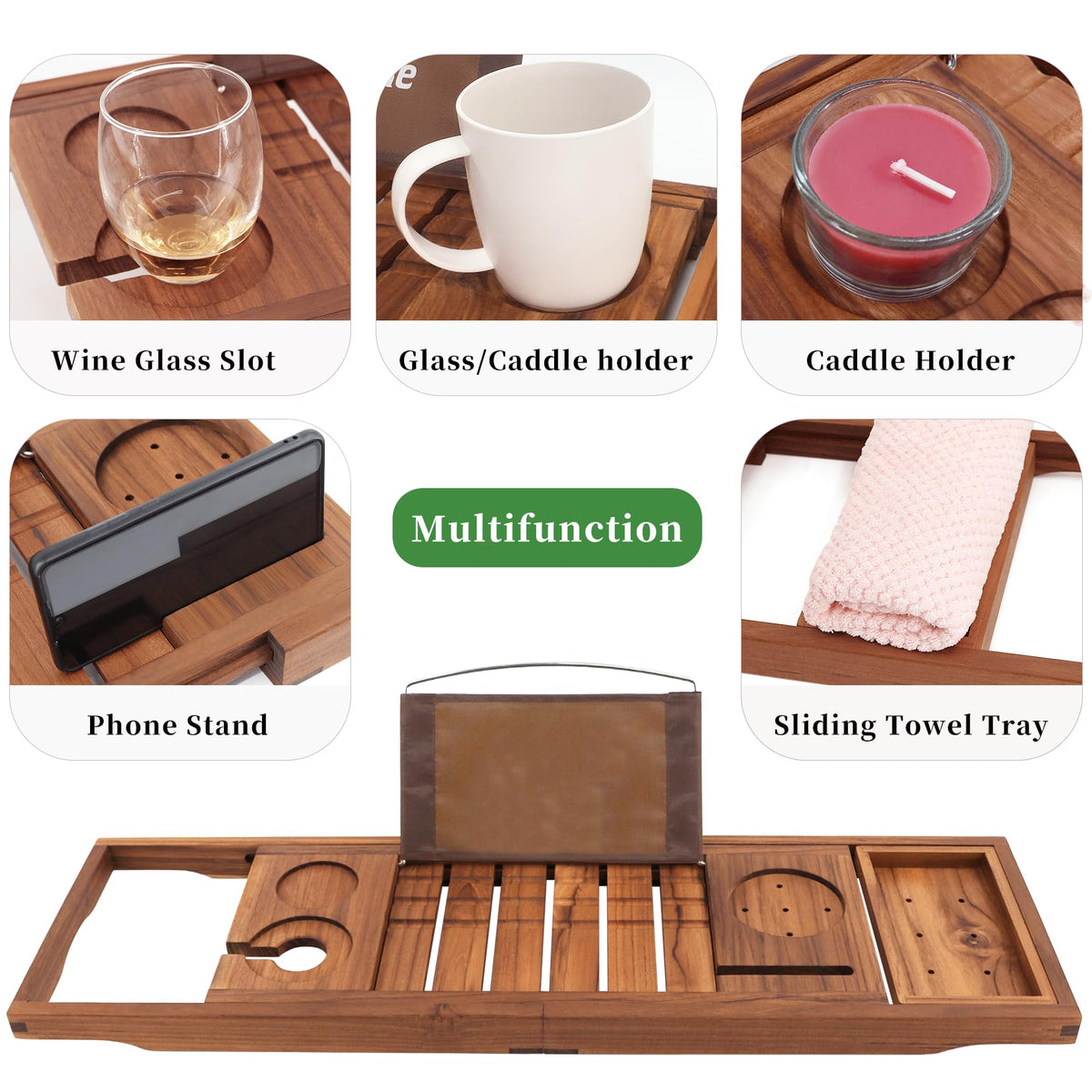 VaeFae teak bath tray sliding draining tray holds towels and soap