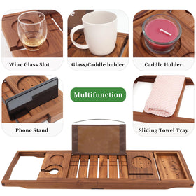 VaeFae teak bath tray sliding draining tray holds towels and soap