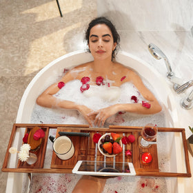 VaeFae teak bathtub tray foldable stand enabling hands free reading