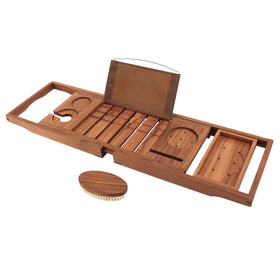 VaeFae premium teak bathtub tray on tub showing sturdy organization for a relaxing soak