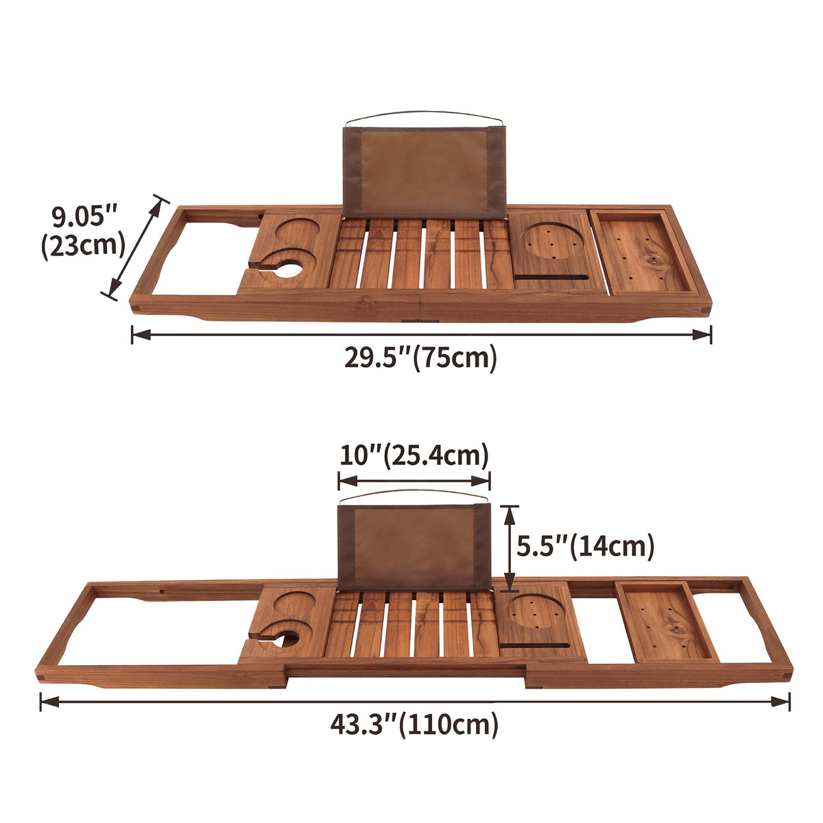 VaeFae teak bathtub tray with wine glass slot keeps beverages secure
