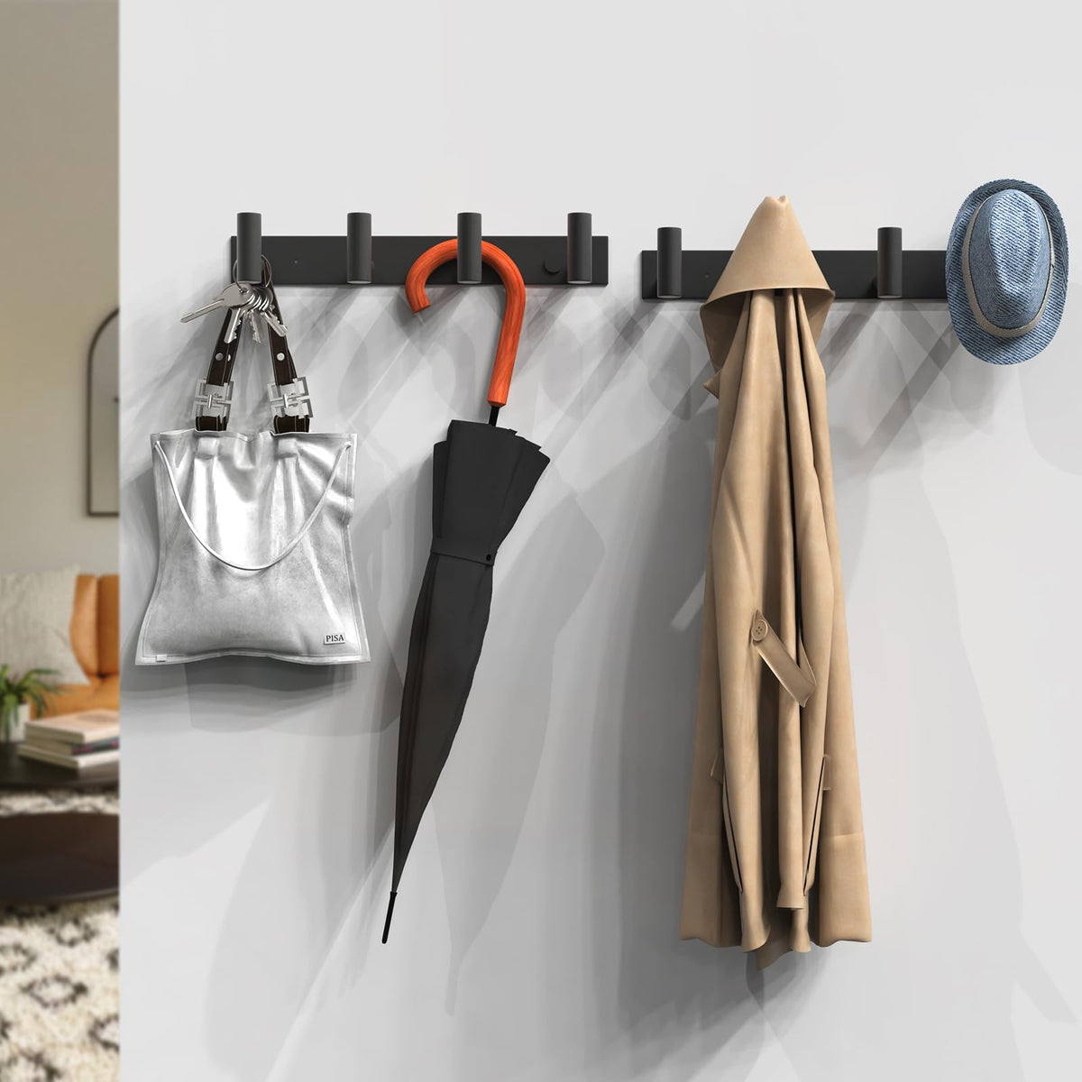 VAEHOLD wall rack with optimized hook spacing promotes ventilation and quick drying of items.