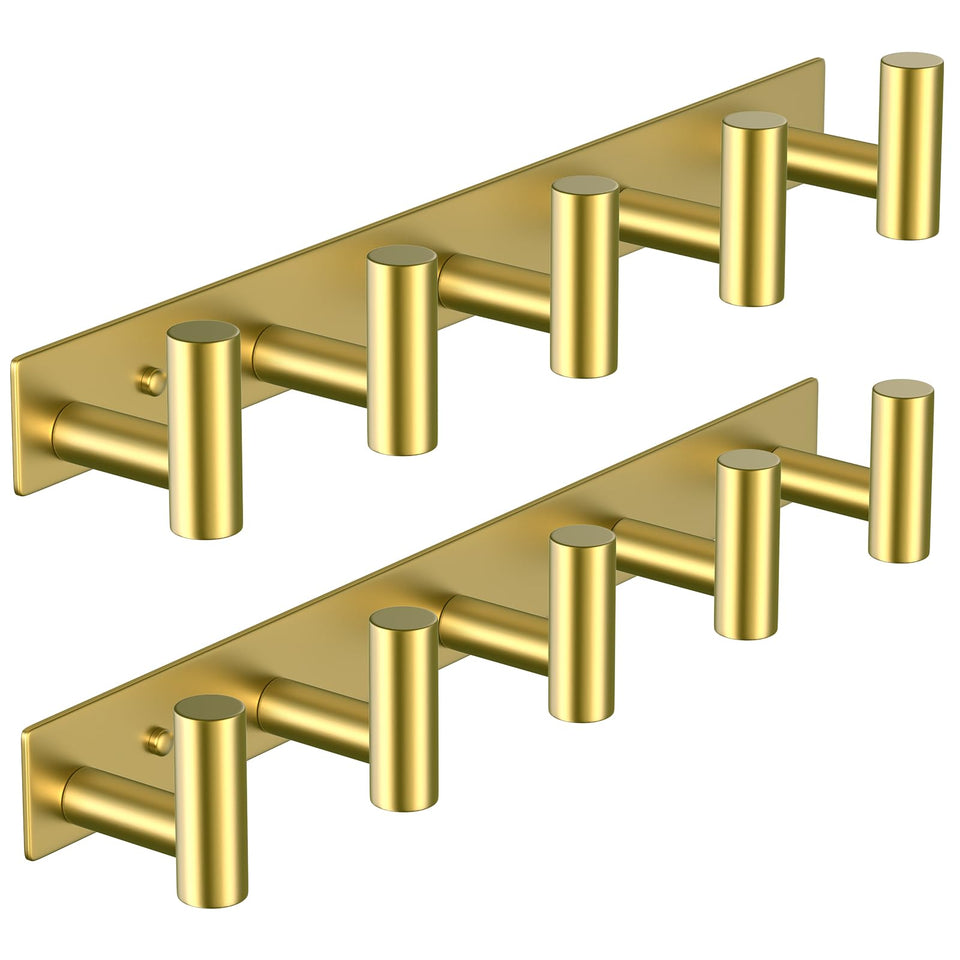 VAEHOLD gold wall mount rack with five hooks for towels and accessories.