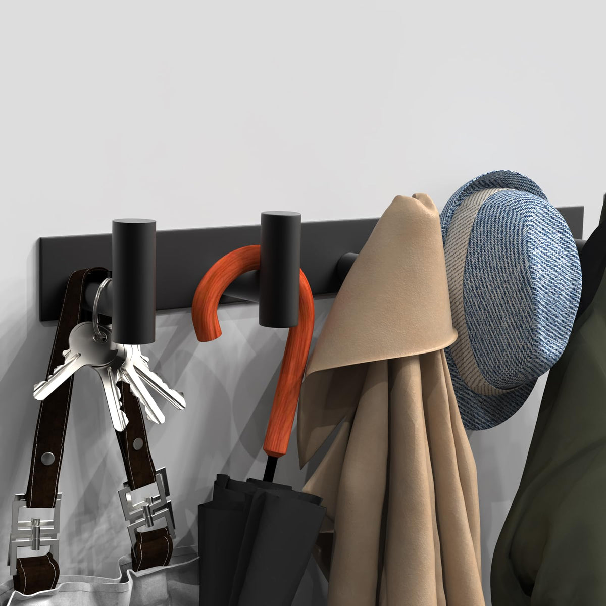 VAEHOLD multiuse hook rack shown in kitchen and bathroom setup for towels and essentials