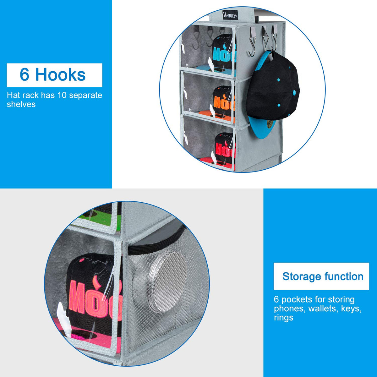 VAESIDA hat rack includes belt and tie hooks for organized accessories.