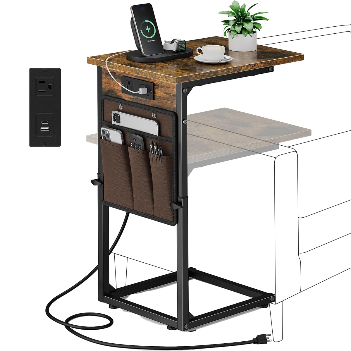 Vagusicc C-shaped end table with charging station beside the sofa for easy device charging