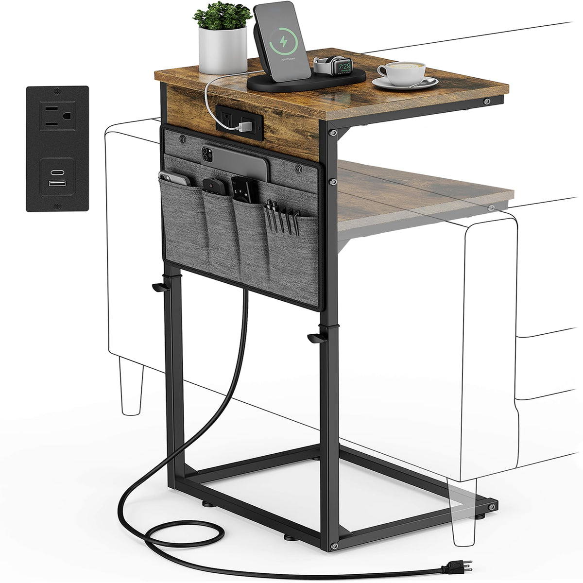 Vagusicc C-Shaped end table with USB charging by the sofa for easy device access.