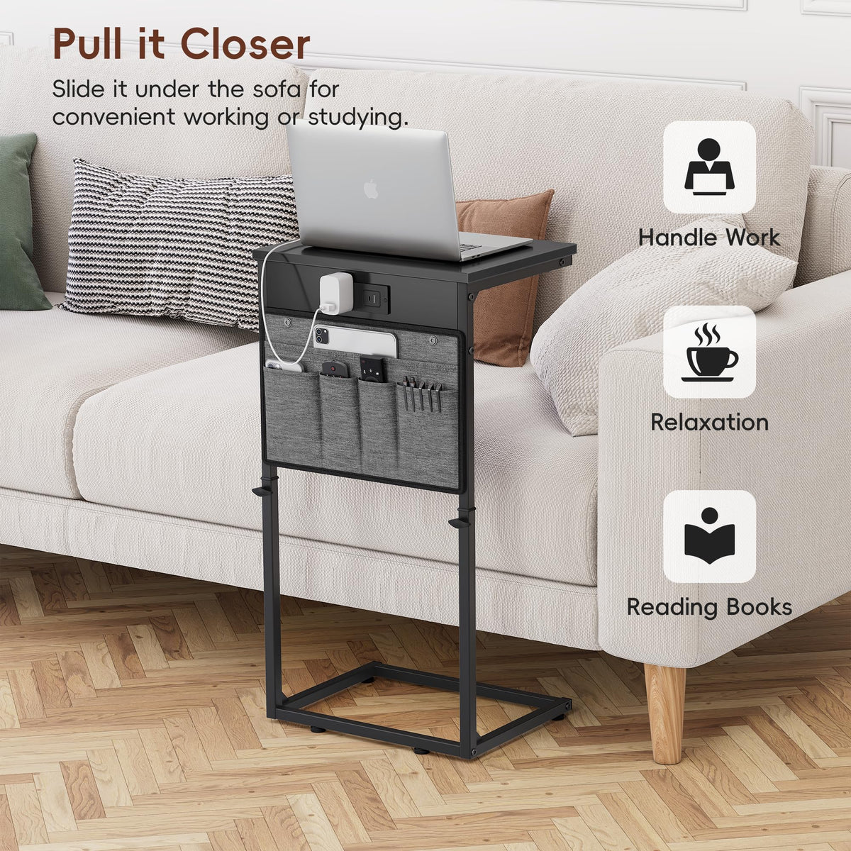Vagusicc C shaped table supports laptop and coffee.