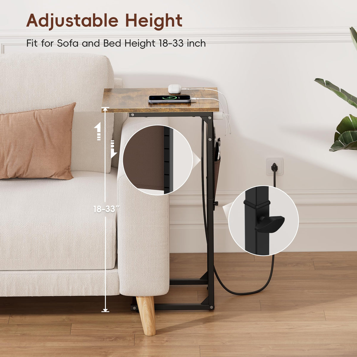 End table with storage bag for remotes and magazines