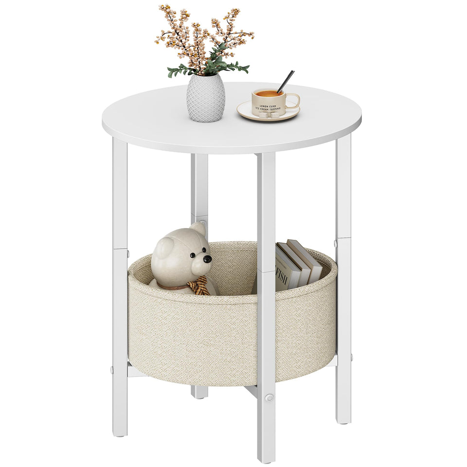 Vagusicc round side table with storage basket keeps essentials organized in living spaces.