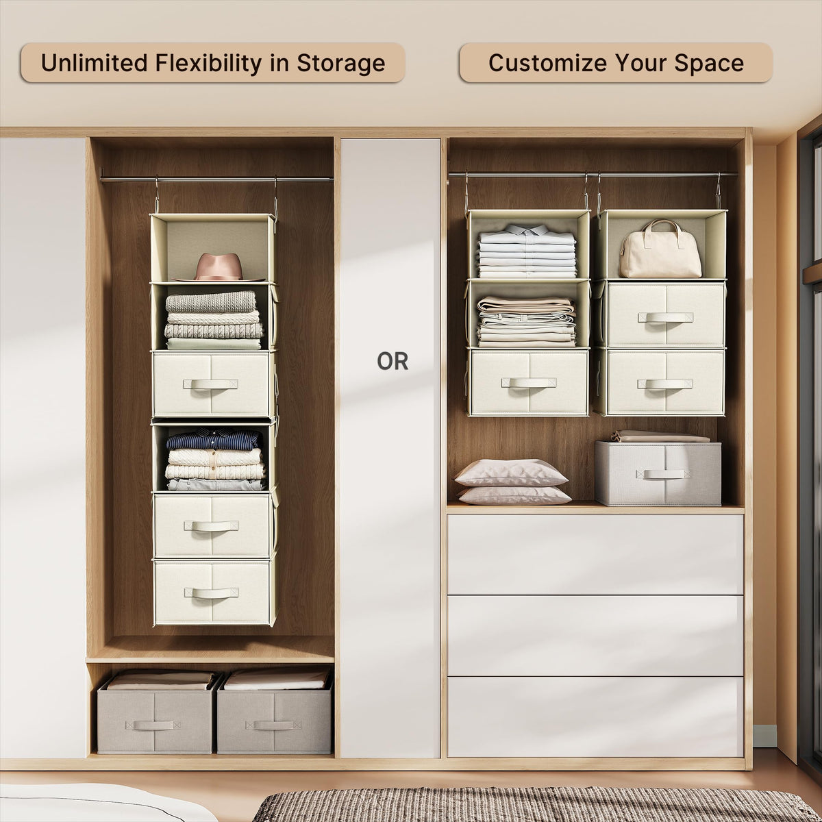 Vailando separable 3-shelf units offer adjustable closet height options.