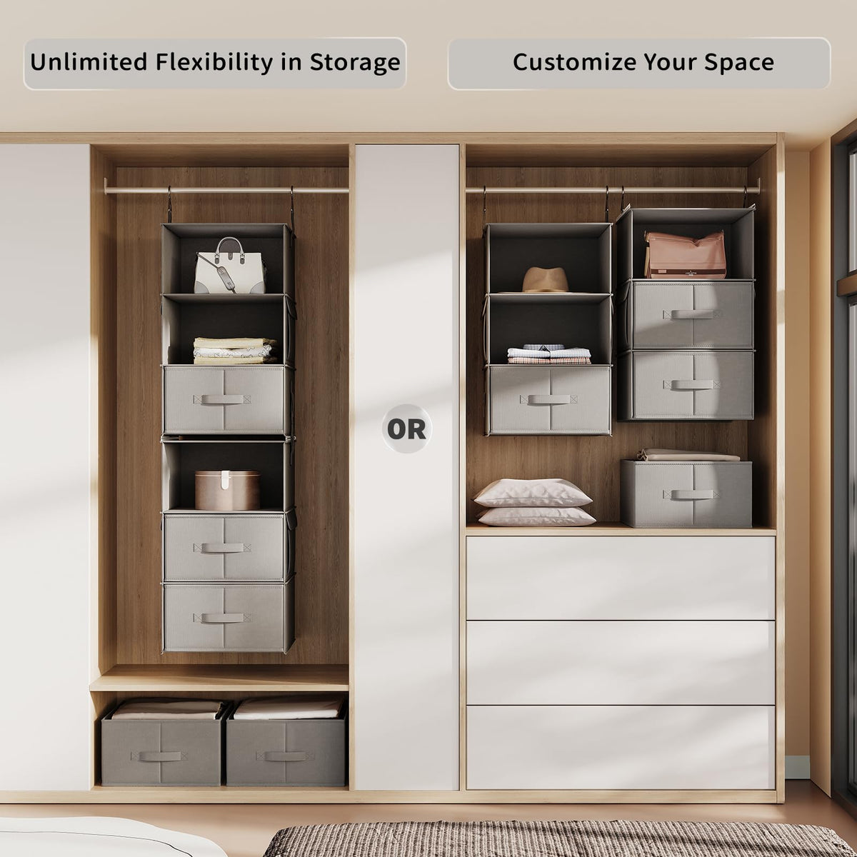 Vailando two 3-shelf hanging dressers maximize closet storage space