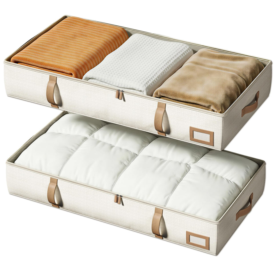 Vailando underbed storage bin left view with leather handles for easy access.