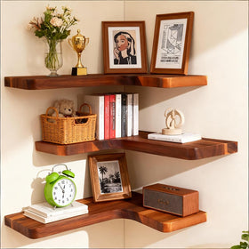 Vainaive floating corner shelves in a 3-piece setup maximize compact living space