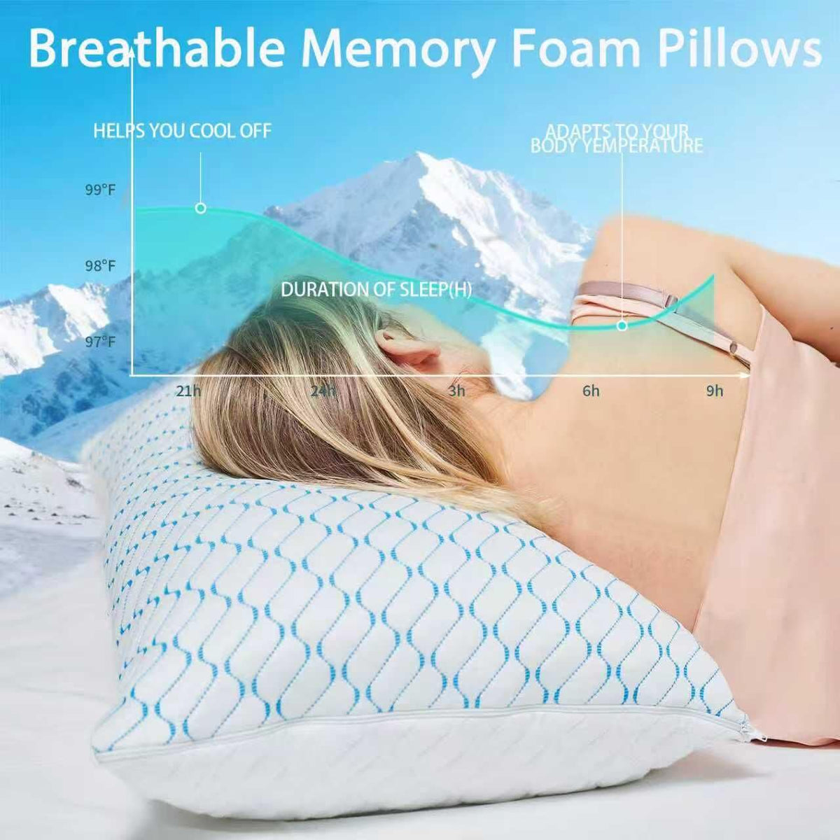 VAINOC Memory Foam Pillow Queen 2-Pack bed setup demonstrating breathable design.