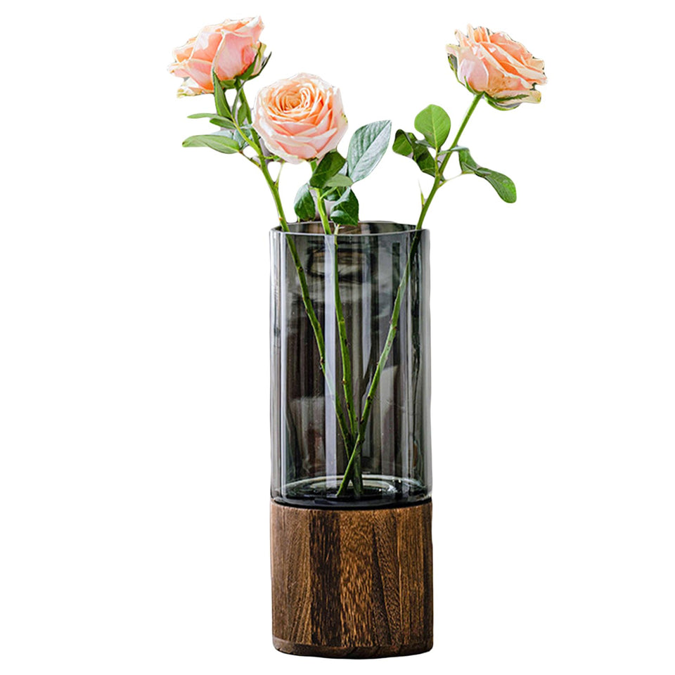 Valemoon artistic wood glass vase with wood base for rustic centerpieces.