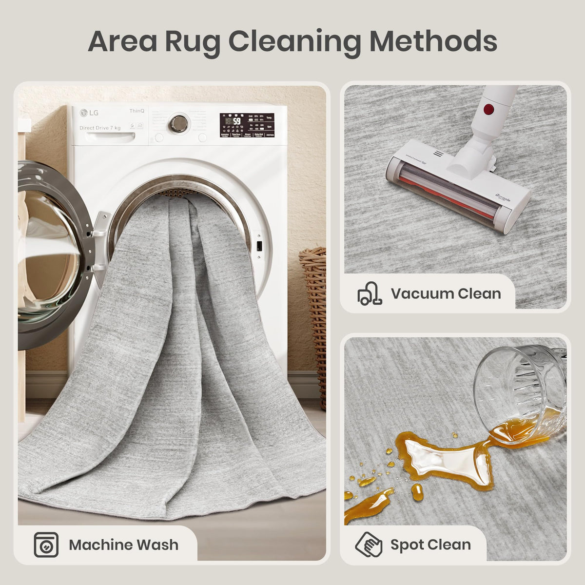 Non-slip backing keeps the gray rug securely in place