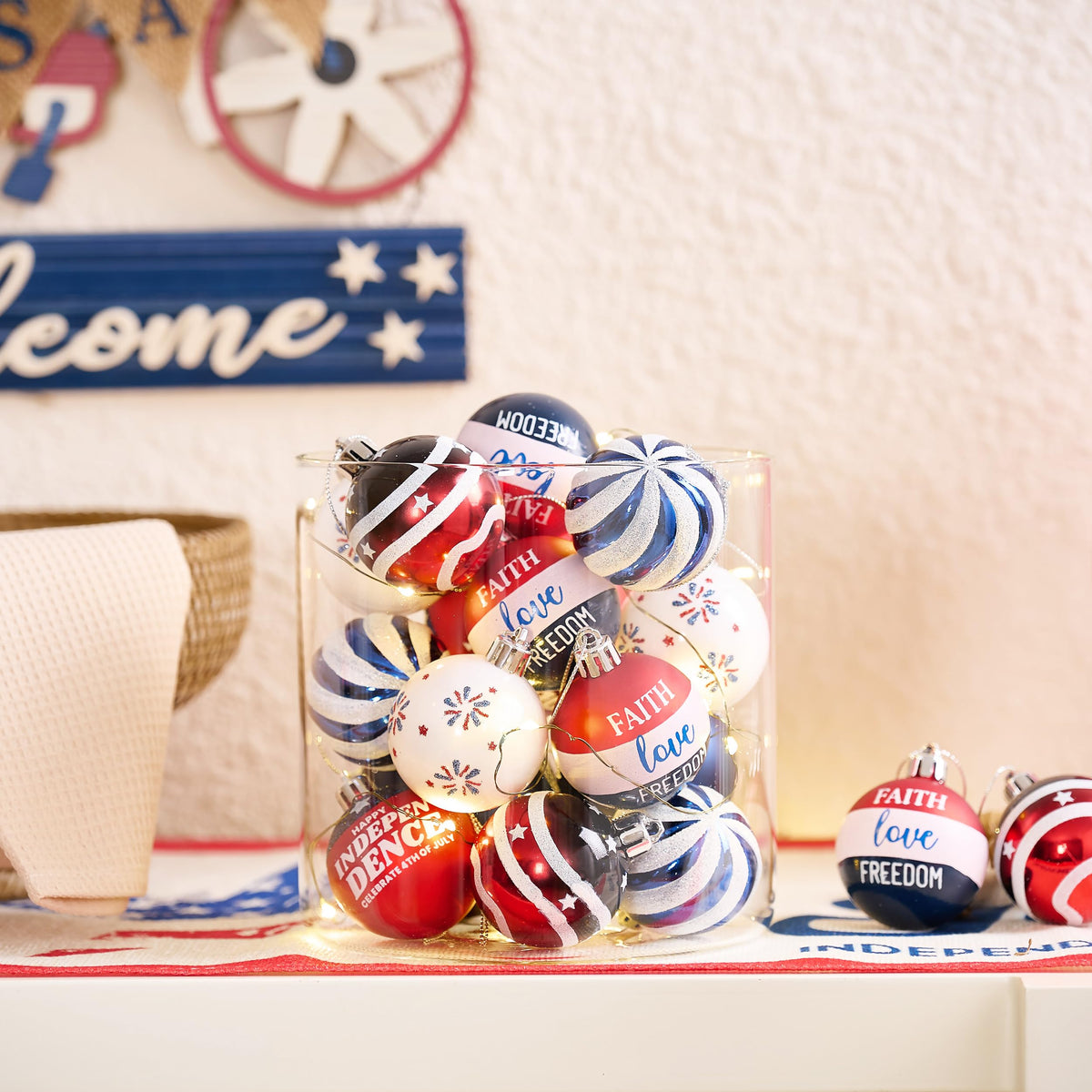 Valery Madelyn 16-count patriotic ornament set for versatile decorating.