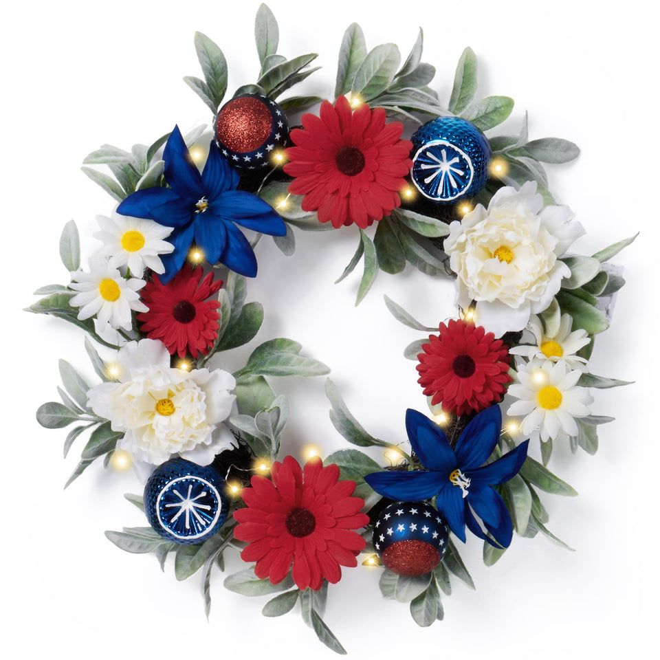 Valery Madelyn 20-inch Fourth of July wreath with lights enhances patriotic curb appeal.