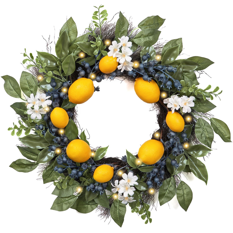 Valery Madelyn 20inch lighted lemon wreath on front door adds warm curb appeal.