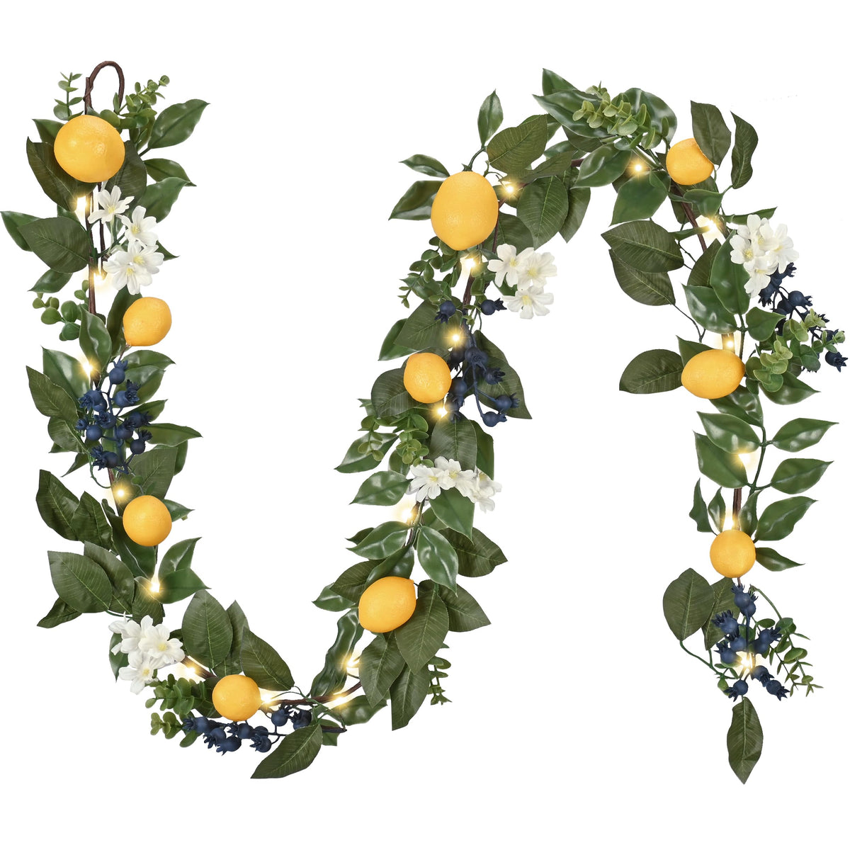 Valery Madelyn 6ft lemon garland on mantel with warm LEDs for cozy spring ambience.