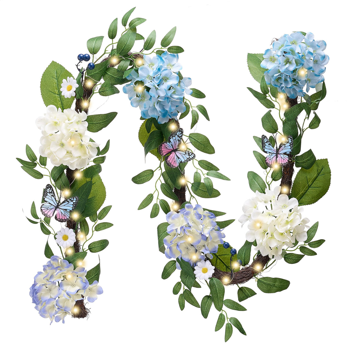 Valery Madelyn 6ft garland on mantle with blue-white hydrangeas and butterflies.