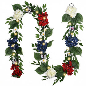 Valery Madelyn 9ft patriotic hydrangea garland with LED lights for cozy mantle ambiance