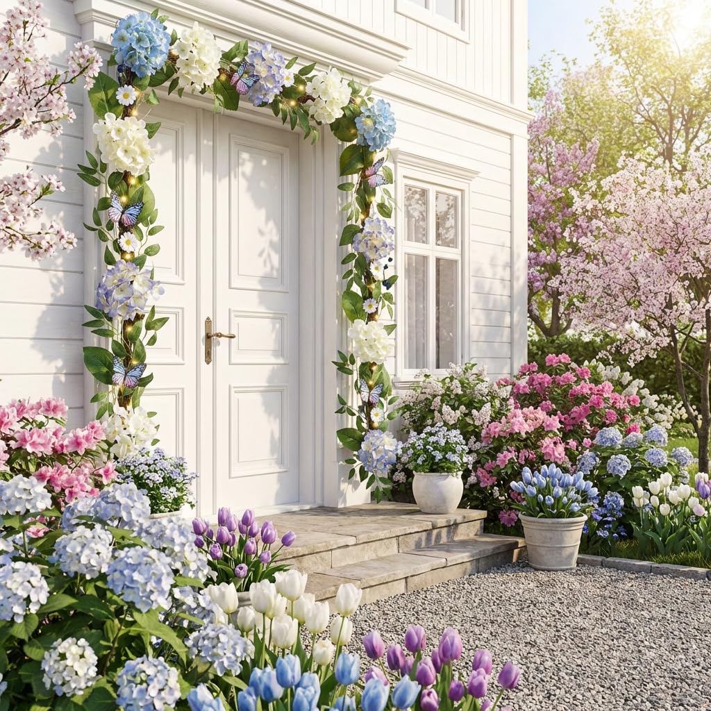 Close-up of blue-white hydrangea blooms with butterflies on Valery Madelyn garland.