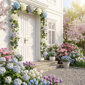 Close-up of blue-white hydrangea blooms with butterflies on Valery Madelyn garland.