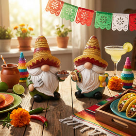 Valery Madelyn Cinco de Mayo gnomes hold tacos, perfect for entertaining tables.