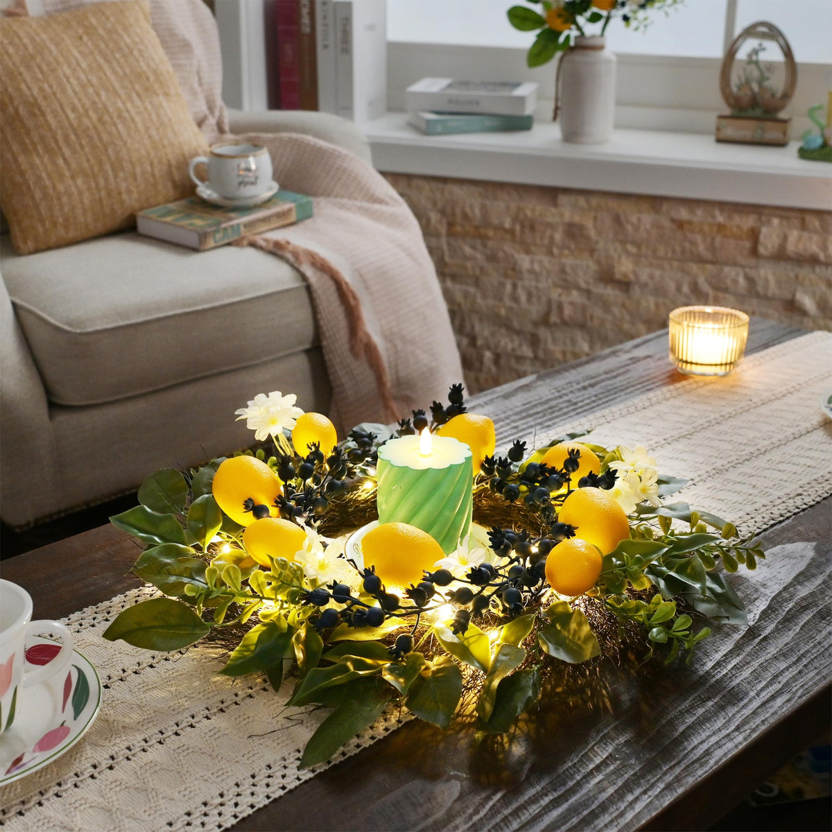 Valery Madelyn eucalyptus greenery wreath on wall creates inviting spring ambiance.