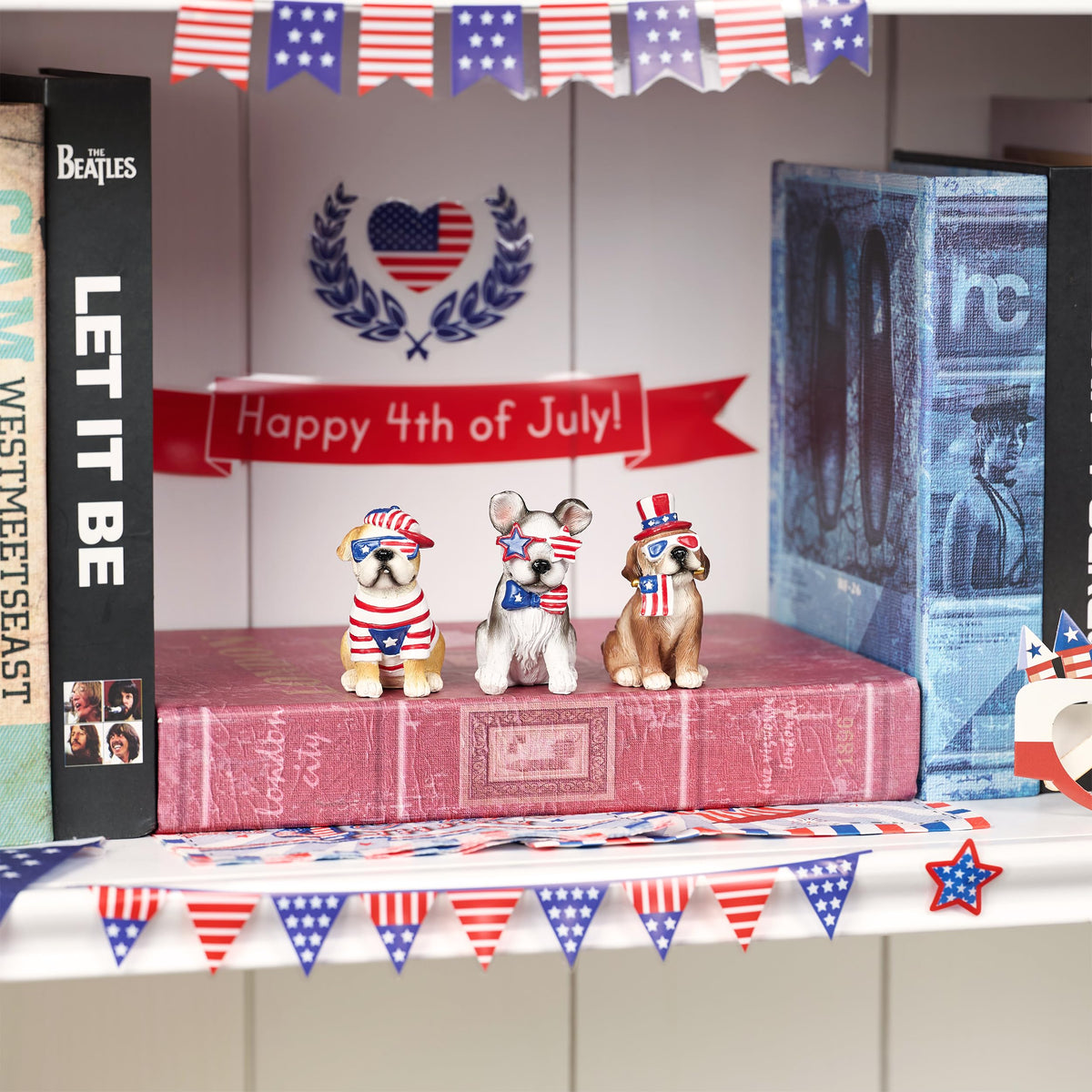 Valery Madelyn Fourth of July puppy decor adds playful charm to shelves.