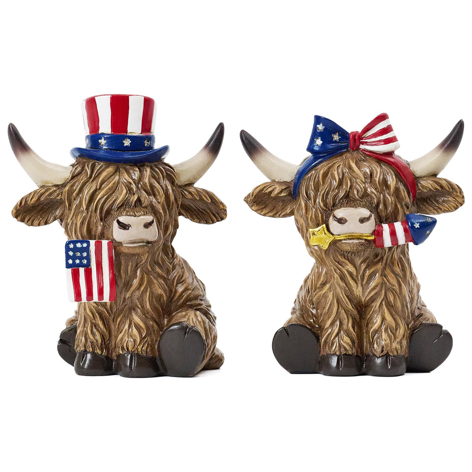 Valery Madelyn Highland cow figurine in red-white-blue for patriotic mantle displays.