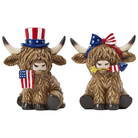 Valery Madelyn Highland cow with flag motif, hand-painted patriotic display.