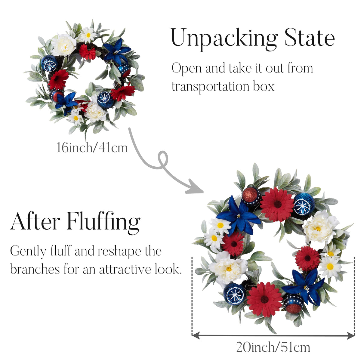 Valery Madelyn indoor/outdoor patriotic wreath suitable for doors and walls.