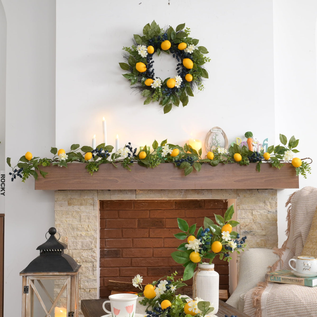 Valery Madelyn lemon garland draped along stairs to create rustic charm.