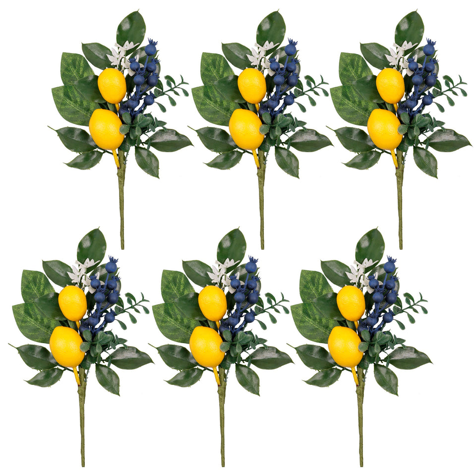 Valery Madelyn lemon picks with blueberry and greenery arranged in a vase for bright summer decor.