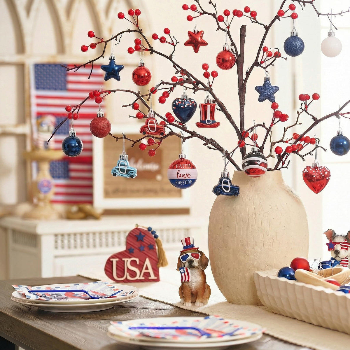 Valery Madelyn patriotic car ornament adds charm to your Independence Day tree.