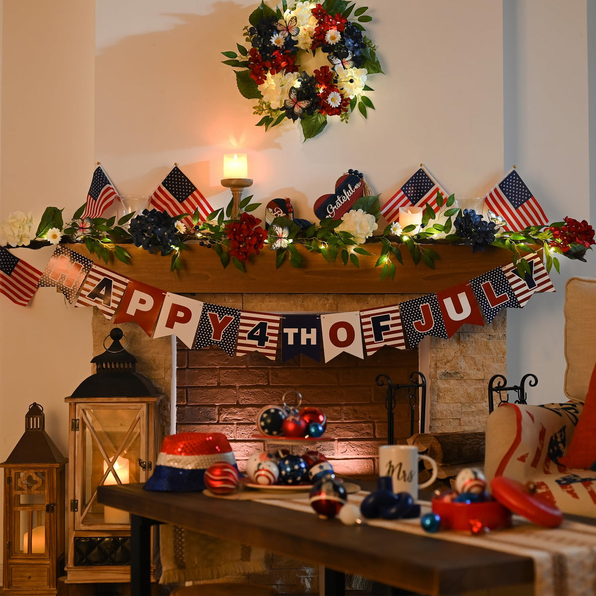 Mantel example with Valery Madelyn patriotic garland accenting red white blue theme