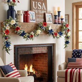 Valery Madelyn patriotic garland with red white blue hydrangeas for outdoor accents